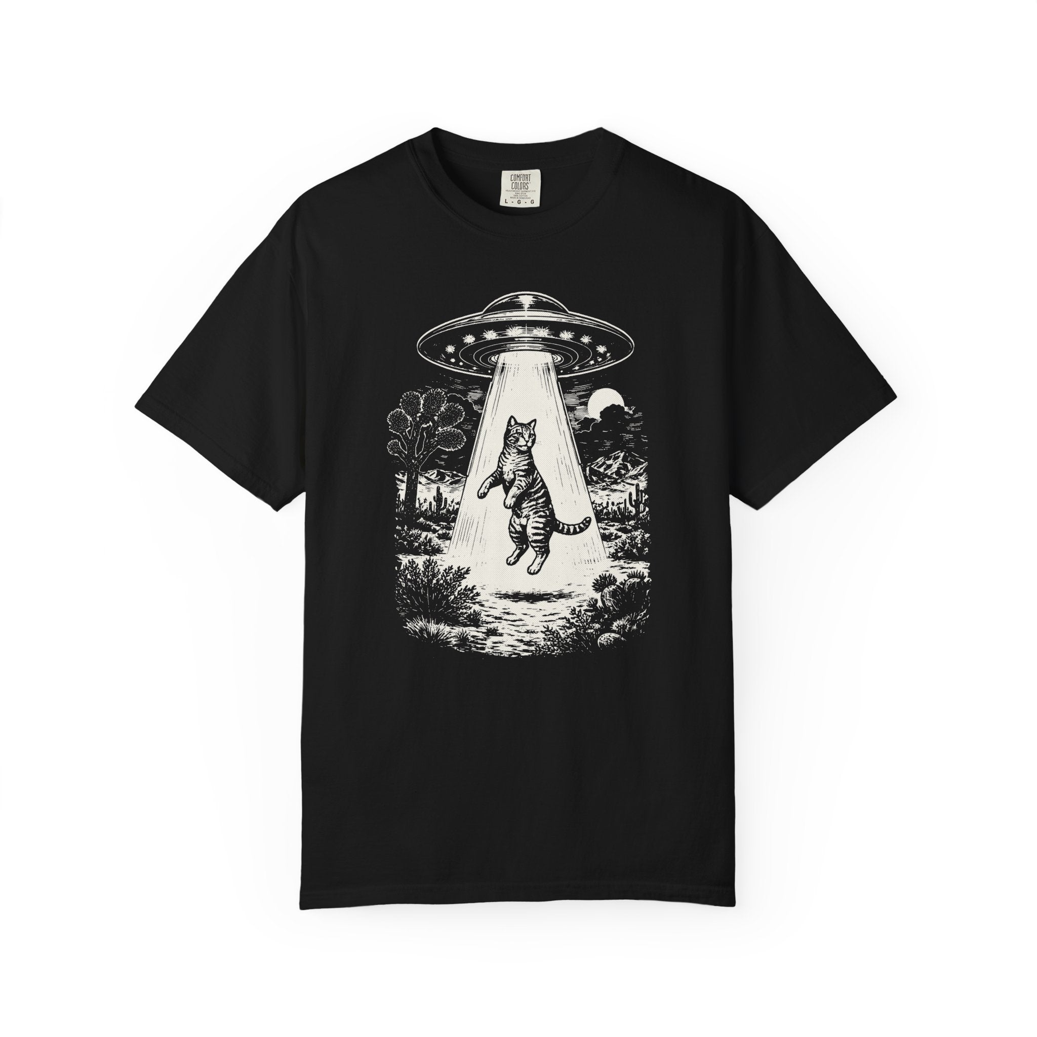 Comfort Colors® UFO Cat Shirt, Funny Alien Kitty Tee, Vintage Space Cat T-Shirt, Sci-Fi Cat Graphic Tee, Cute Cat Lover Gift