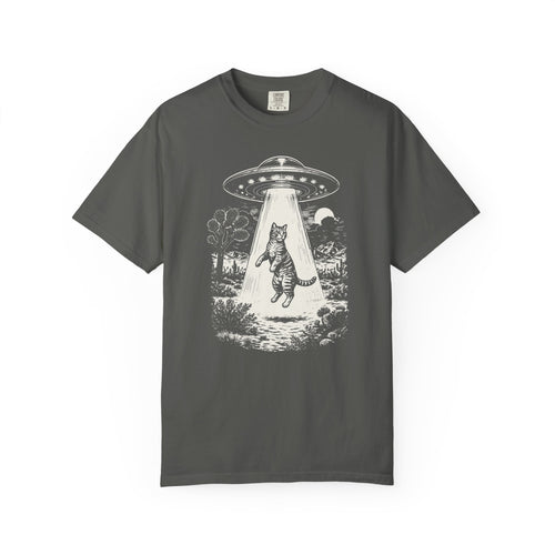 Comfort Colors® UFO Cat Shirt, Funny Alien Kitty Tee, Vintage Space Cat T-Shirt, Sci-Fi Cat Graphic Tee, Cute Cat Lover Gift