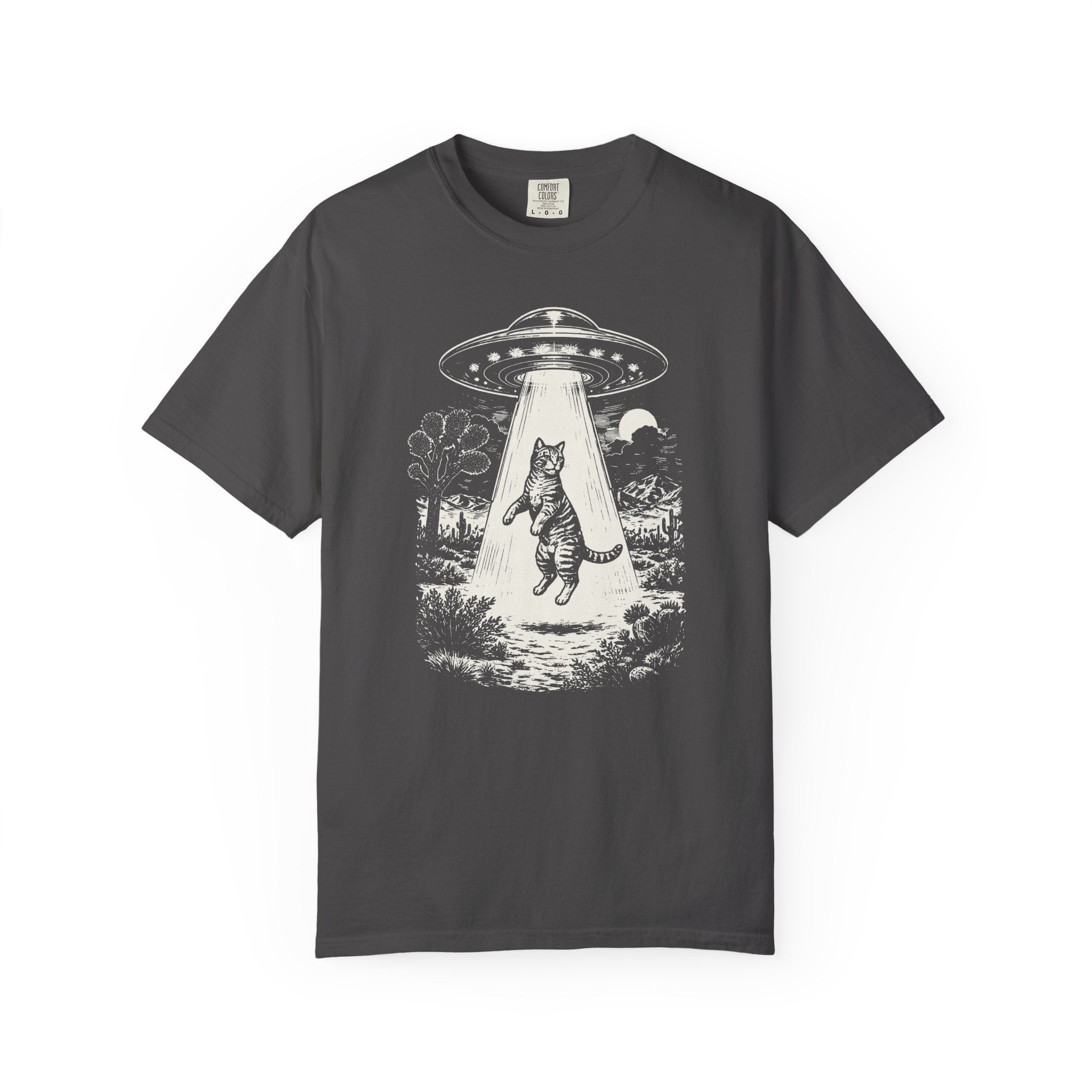 Comfort Colors® UFO Cat Shirt, Funny Alien Kitty Tee, Vintage Space Cat T-Shirt, Sci-Fi Cat Graphic Tee, Cute Cat Lover Gift
